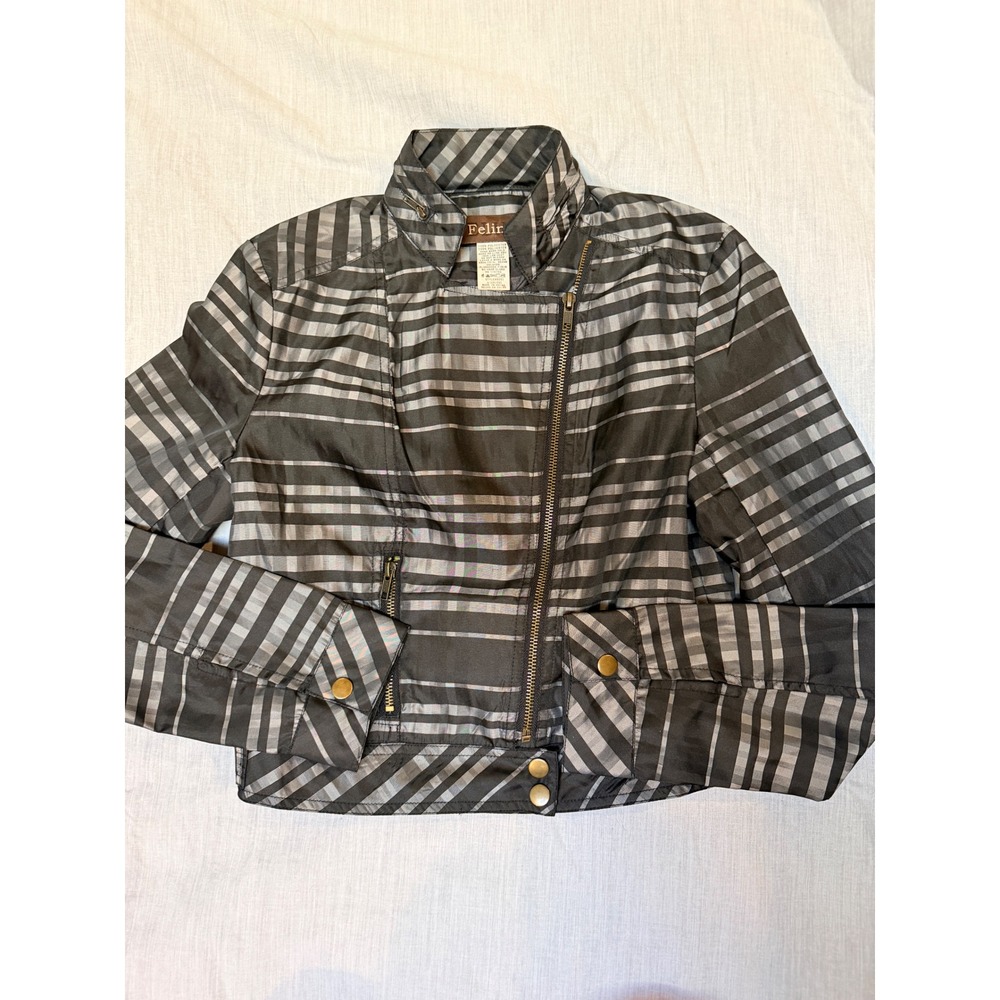 Feline Womens Grey Striped Asymmetric Zip Moto Jacket Size Small Style 8051